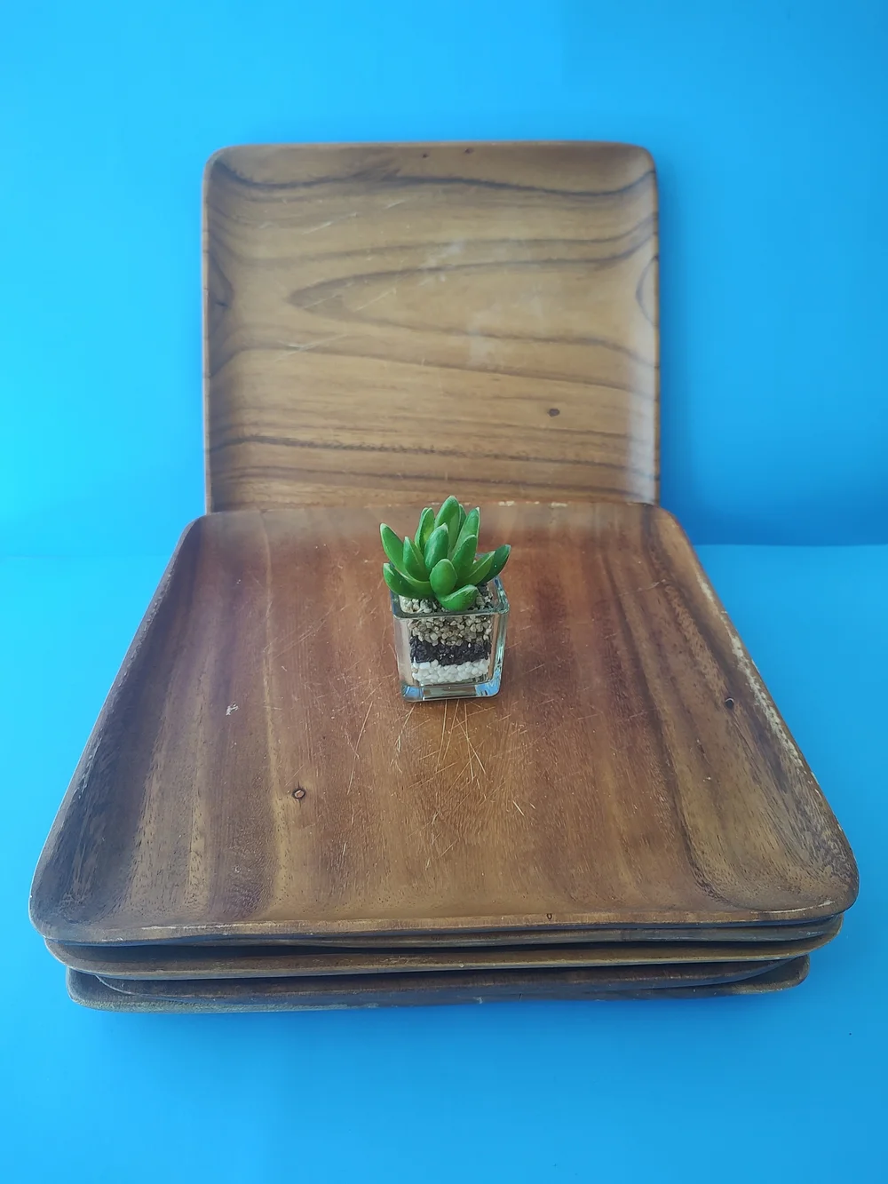 Stack of Wooden Square Serving Trays Vintage - Brown